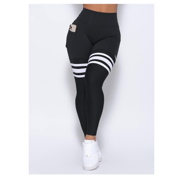 Bombshell Sportswear Pants - BOMBSHELL Black White Stripe Thigh High Leggings Size Medium